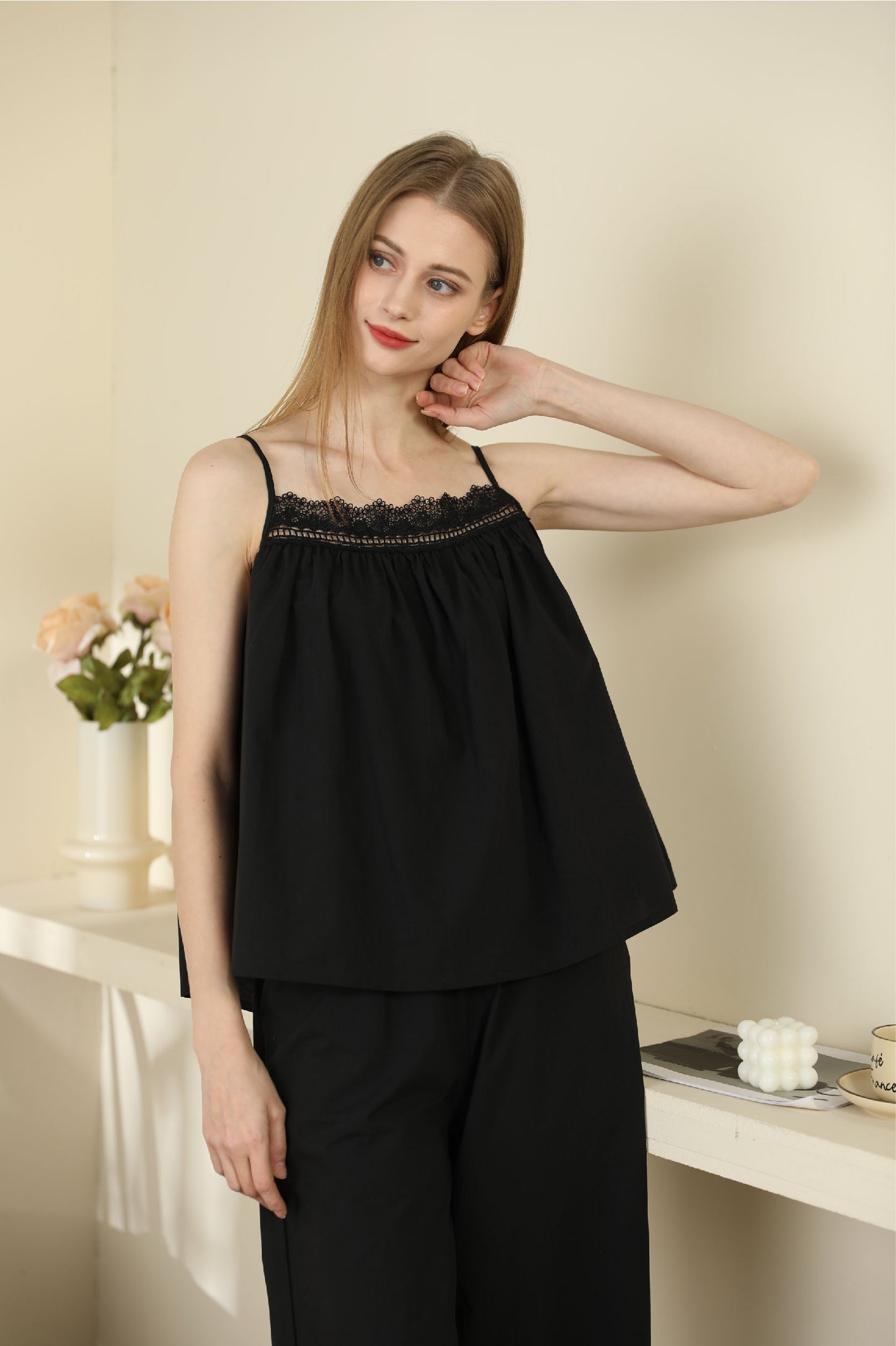 black color Capri Pants Summer Lace Sexy Pajama Set