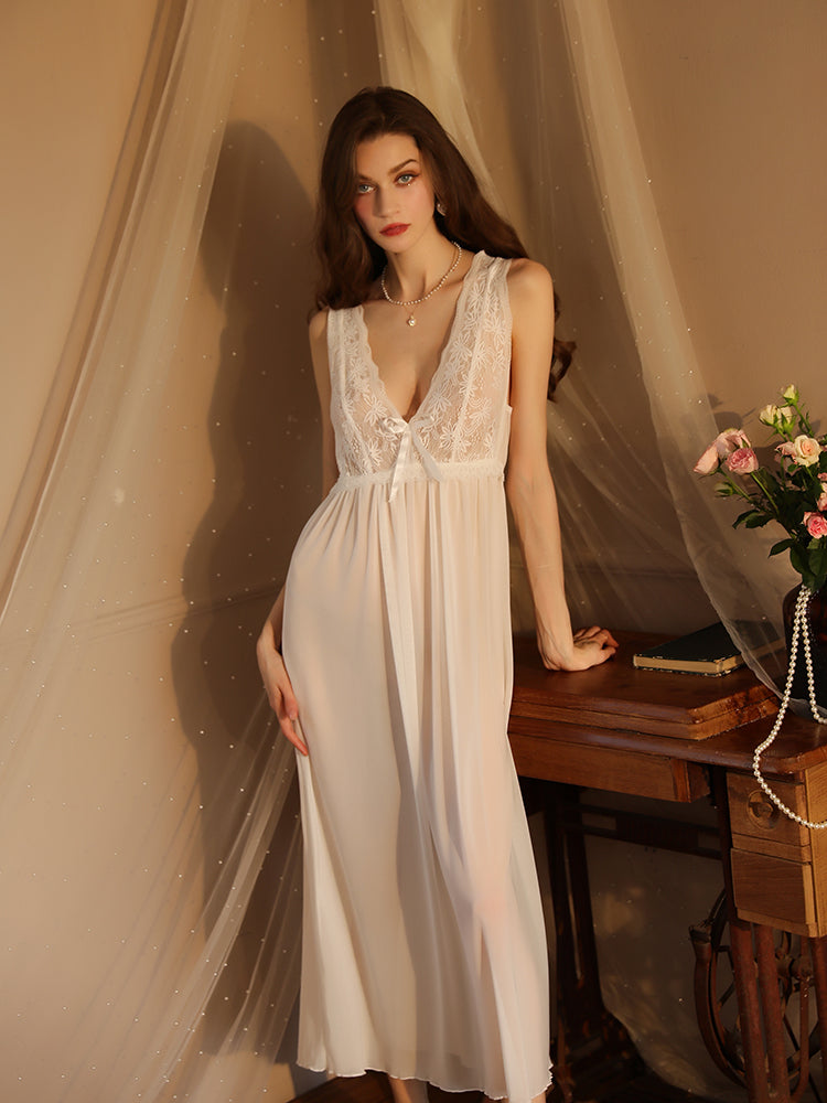 Contrast Lace Bow Front Mesh Sexy nightgown Set white color women sleepwear front look