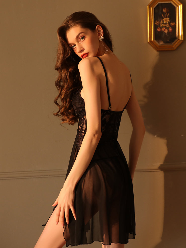 Floral Lace Babydoll Sexy Pajamas Set black color women sleepwear back look