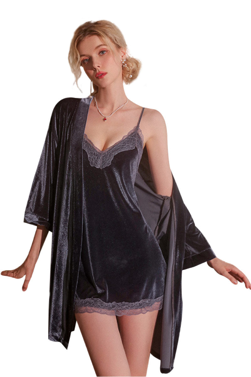 Luxury Satin Lace Nightgown Nightgown dark gray color robe with white background
