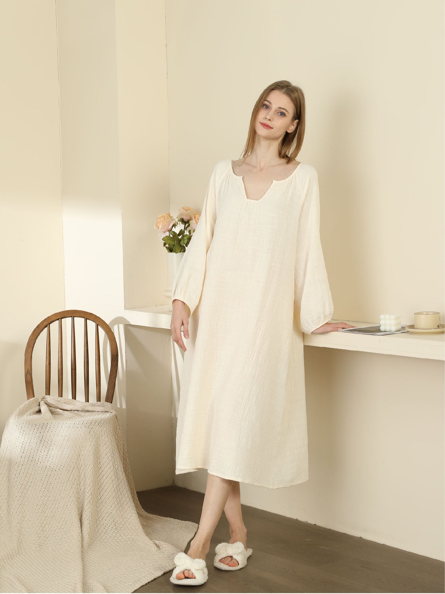 yellow color Minimalist Long Sleeve Nightgown Double-Layer Gauze