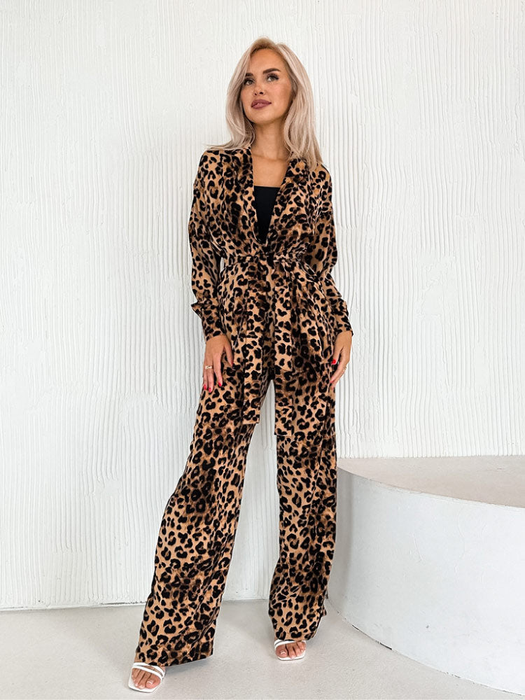 women wear a Sexy Leopard Print Cardigan Pajama Set Long Sleeve Robe