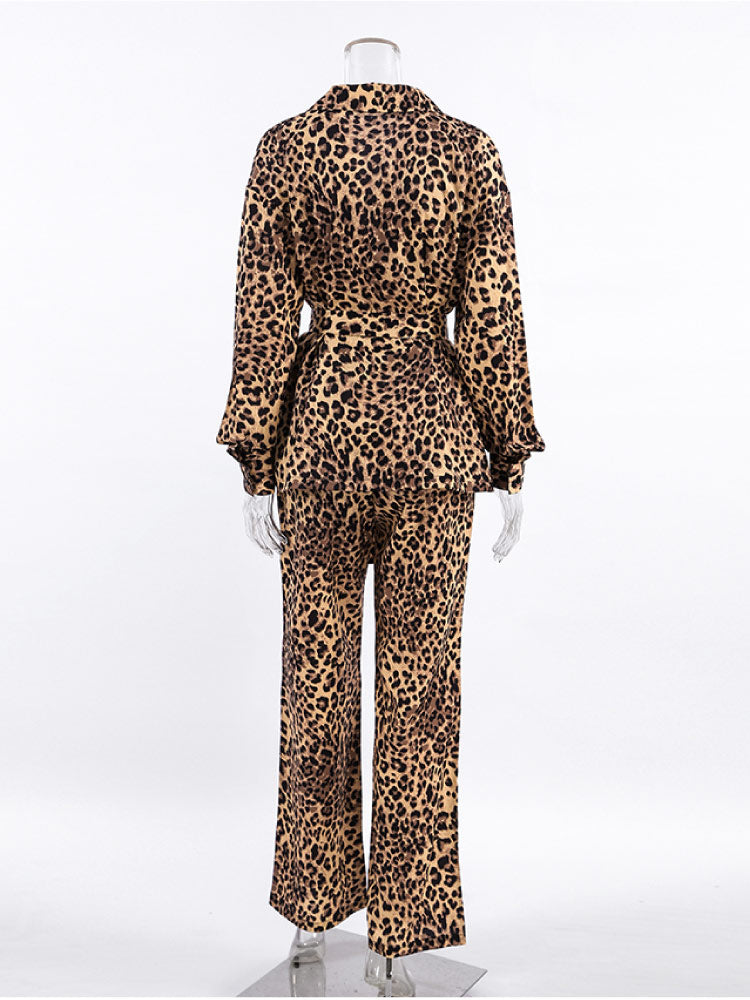 Sexy Leopard Print Cardigan Pajama Set Long Sleeve Robe stand
