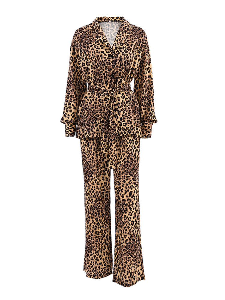 Sexy Leopard Print Cardigan Pajama Set Long Sleeve Robe stand