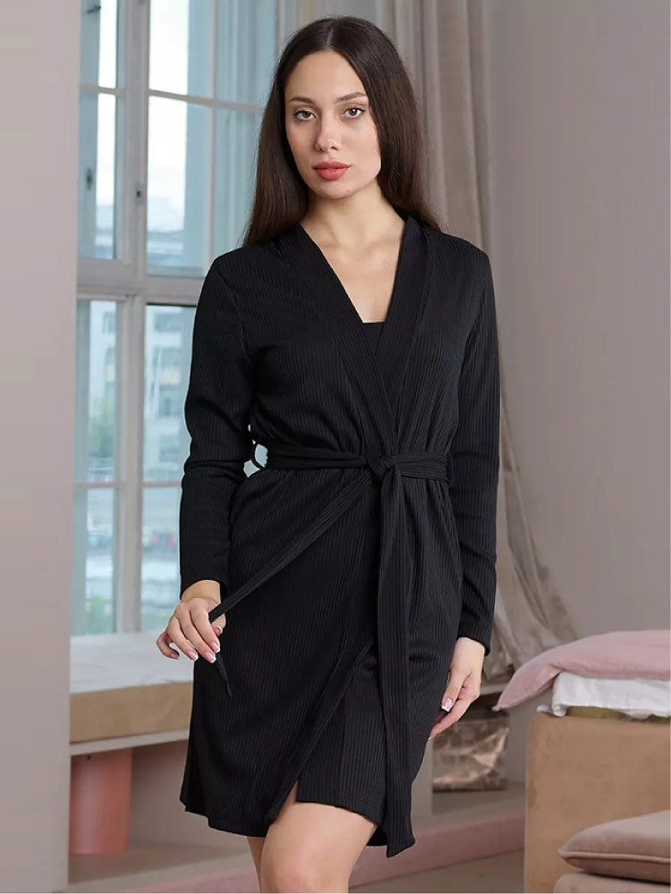 women wear a black color Sexy Knitted Camisole Sleepwear Robe Set