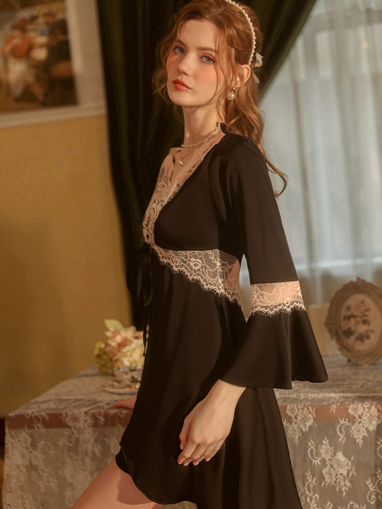 black color Sexy Sweet Lace Cardigan Sleepwear Robe