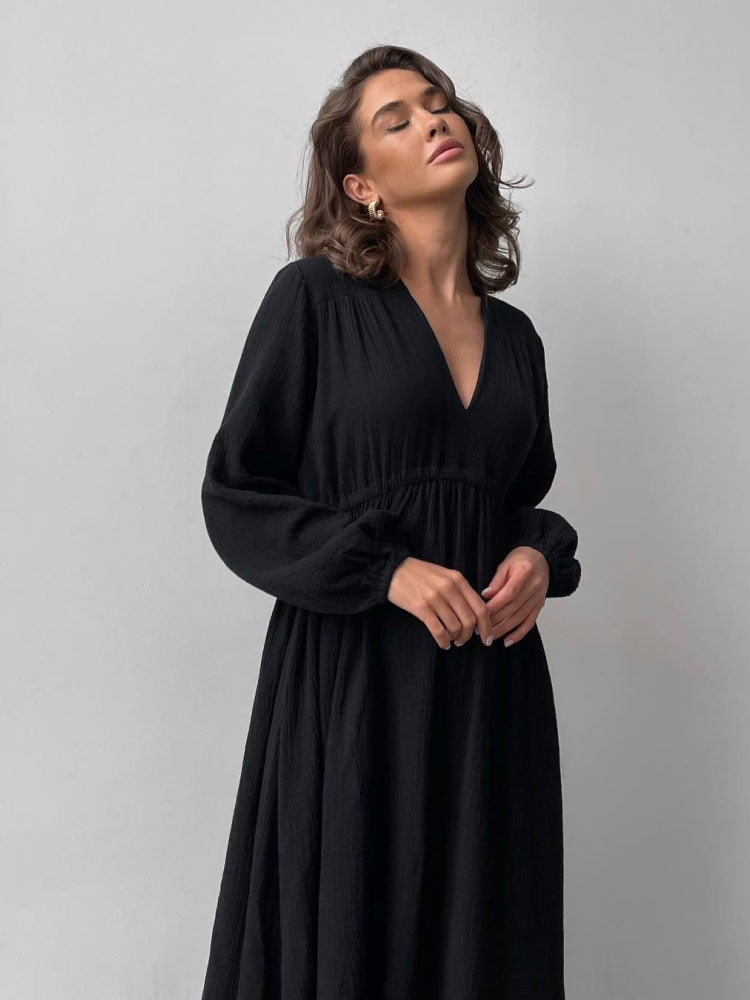 black color Stylish Loose-Fit Long Sleeves Muslin Nightgown