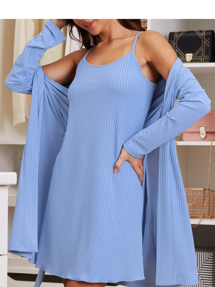 women wear a blue color Sexy Knitted Camisole Sleepwear Robe Set