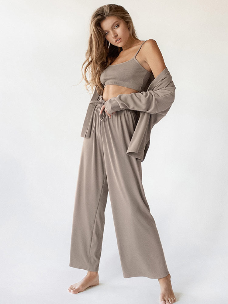 women wear a brown color Knitted Cardigan Camisole Sexy Pajama Set