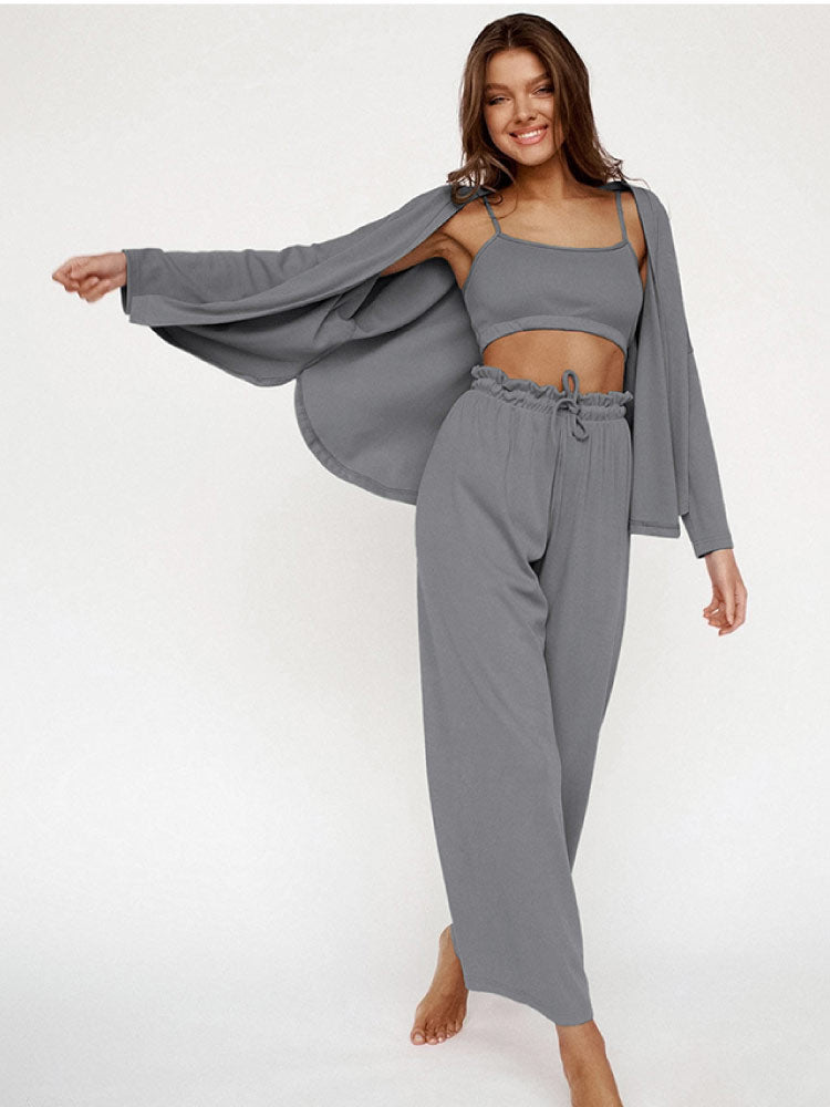 women wear a gray color Knitted Cardigan Camisole Sexy Pajama Set