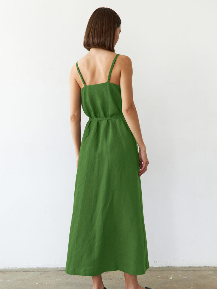 women wear green color Cotton Linen Sexy Camisole Casual Nightgown back look