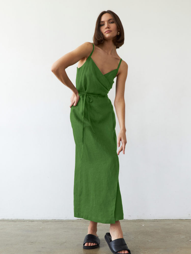women wear green color Cotton Linen Sexy Camisole Casual Nightgown
