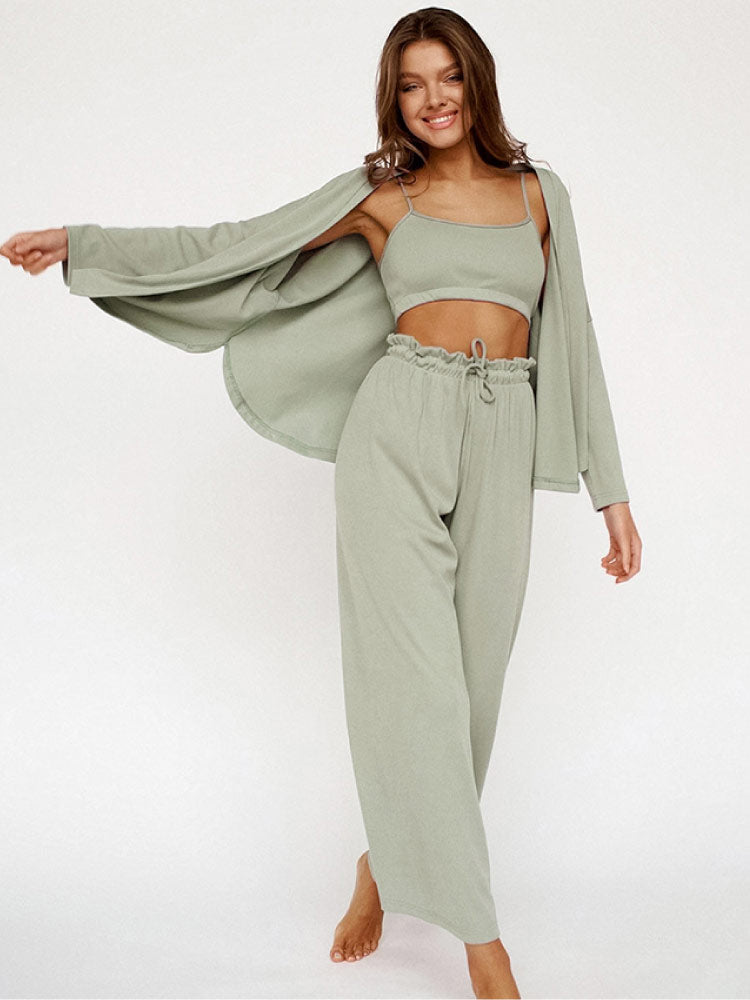 women wear a green color Knitted Cardigan Camisole Sexy Pajama Set