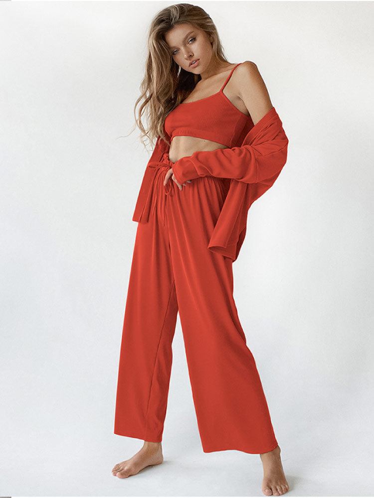 women wear a orange color Knitted Cardigan Camisole Sexy Pajama Set