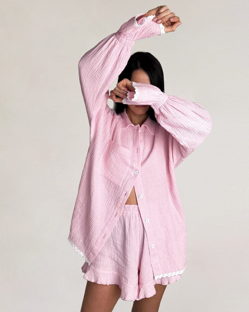 pink color cotton sexy sleepwear luxurious pajama set for women