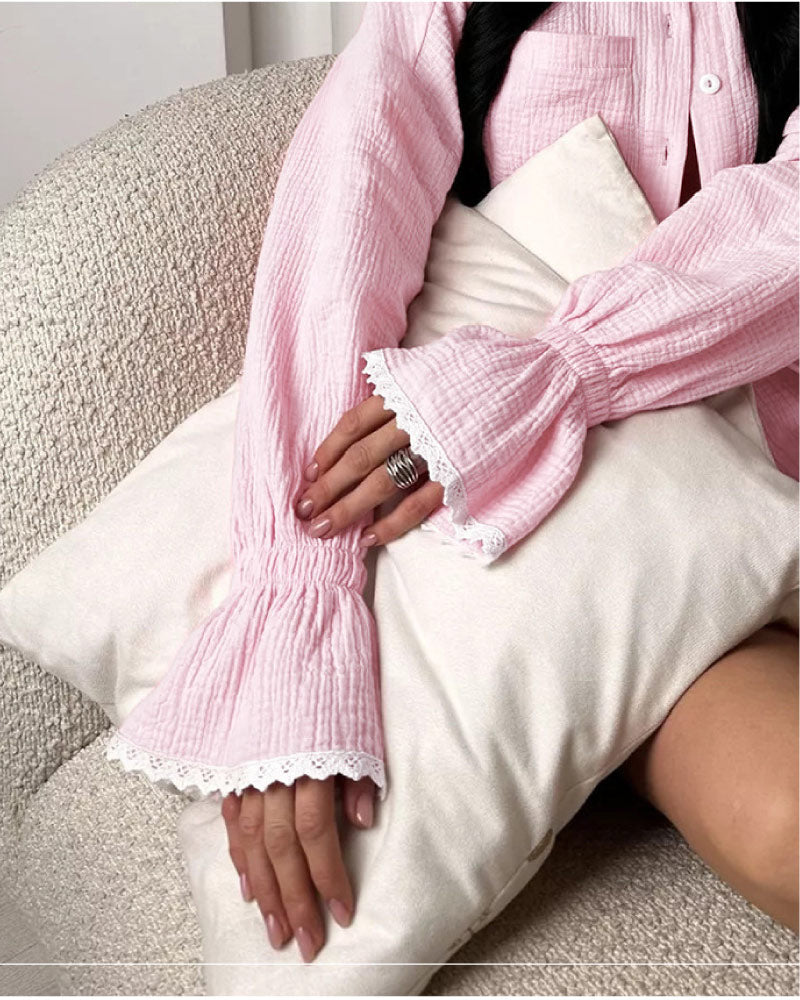 pink color cotton sexy sleepwear luxurious pajama set for women