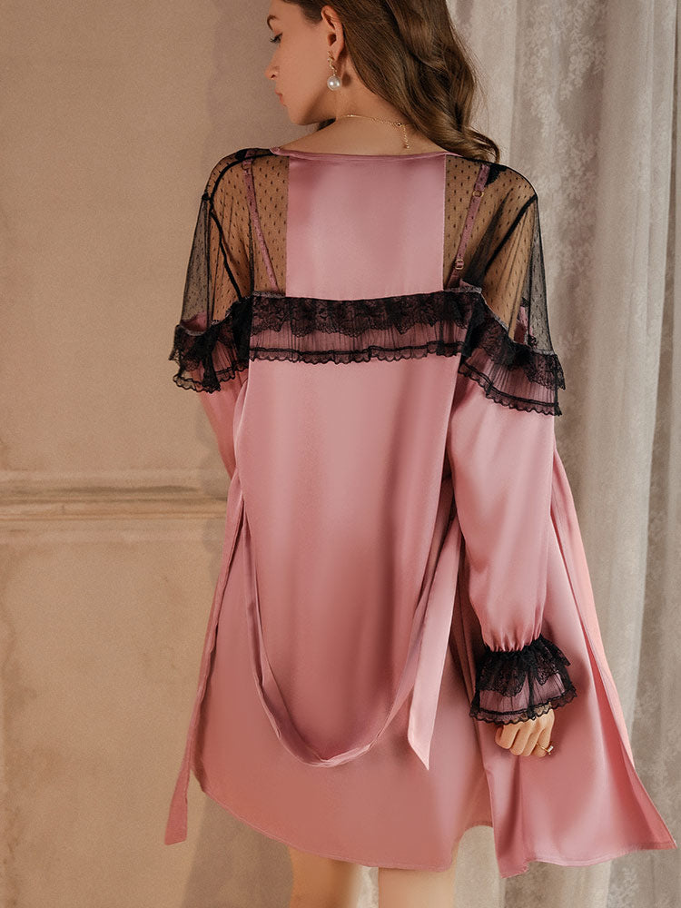 pink color Sexy Sweet Summer Ice Silk Nightgown Set full back