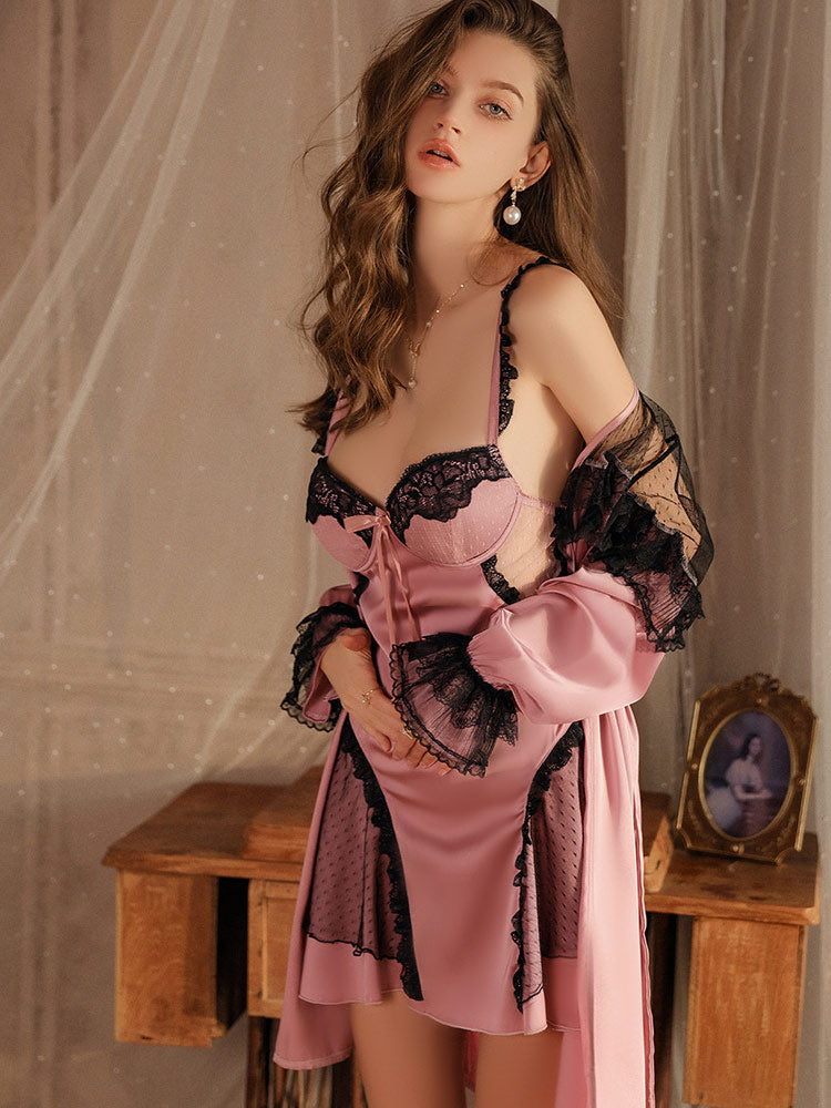 pink color Sexy Sweet Summer Ice Silk Nightgown Set