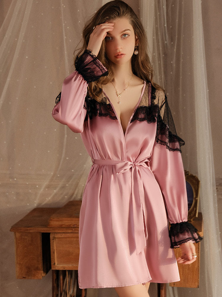 pink color Sexy Sweet Summer Ice Silk Nightgown Set