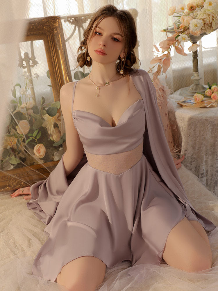 women wear a purple color Irregular Hem Sexy Sheer Nightgown Robe