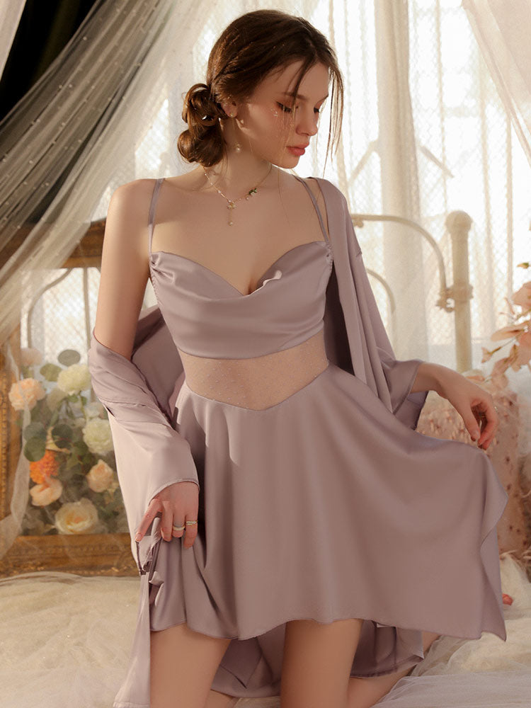 women wear a purple color Irregular Hem Sexy Sheer Nightgown Robe