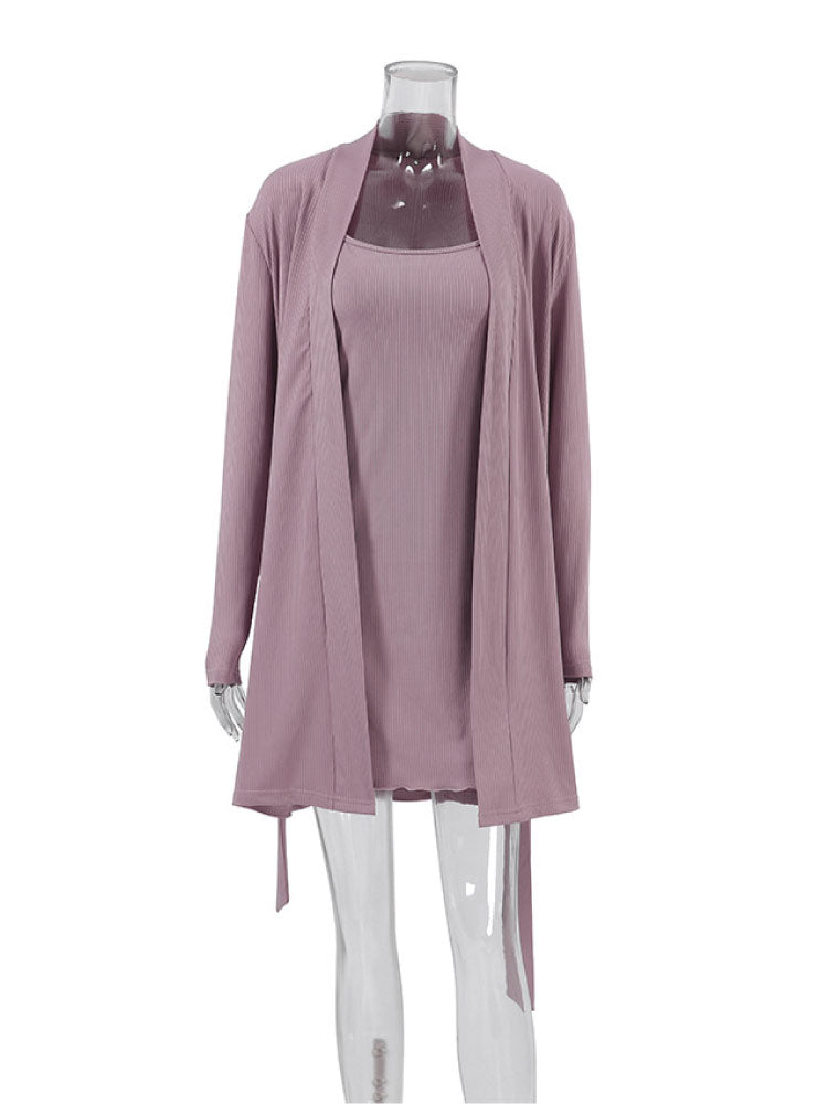 purple color Sexy Knitted Camisole Sleepwear Robe Set