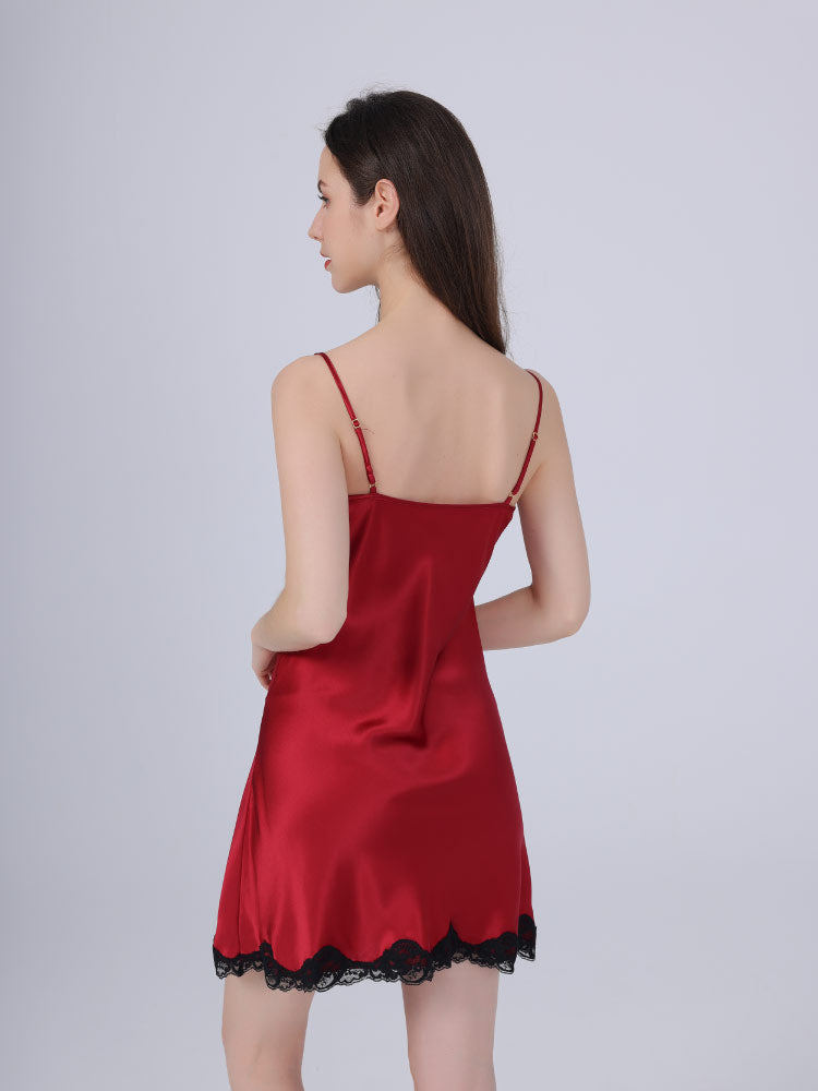 red color 100% Mulberry Silk Camisole Sensual Lace Nightgown