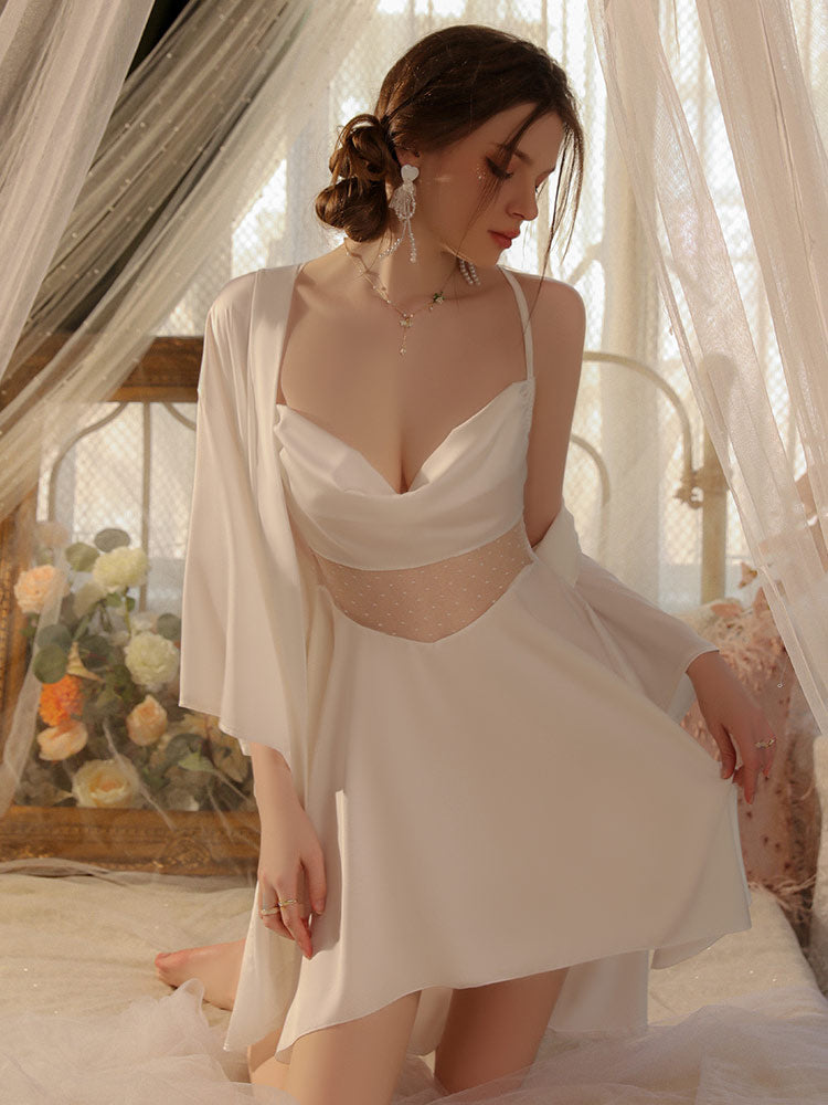 women wear a white color Irregular Hem Sexy Sheer Nightgown Robe