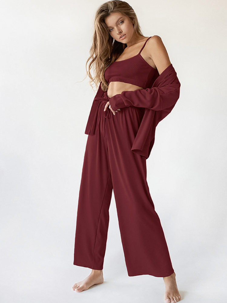women wear a wine red color Knitted Cardigan Camisole Sexy Pajama Set