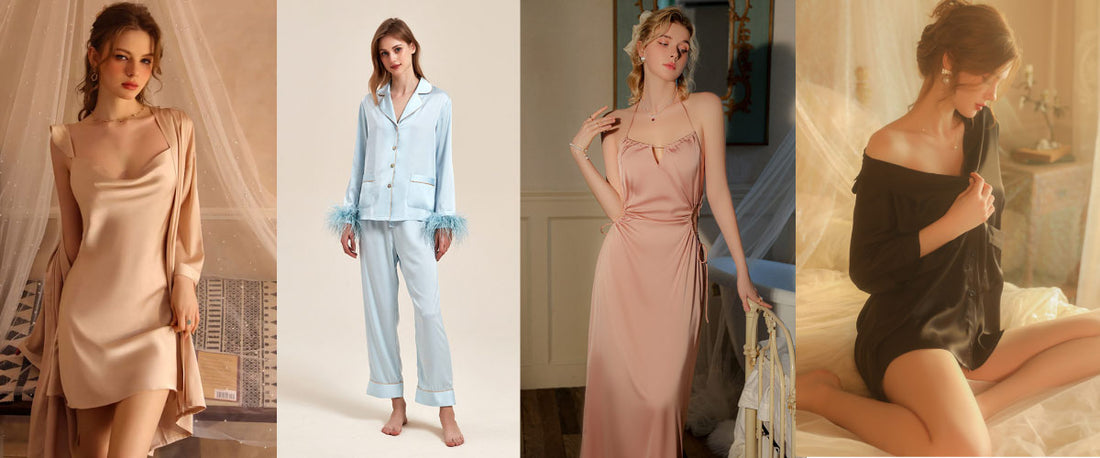 rose gold, blue, pink and black color silk sleepwear and nightgowns for women