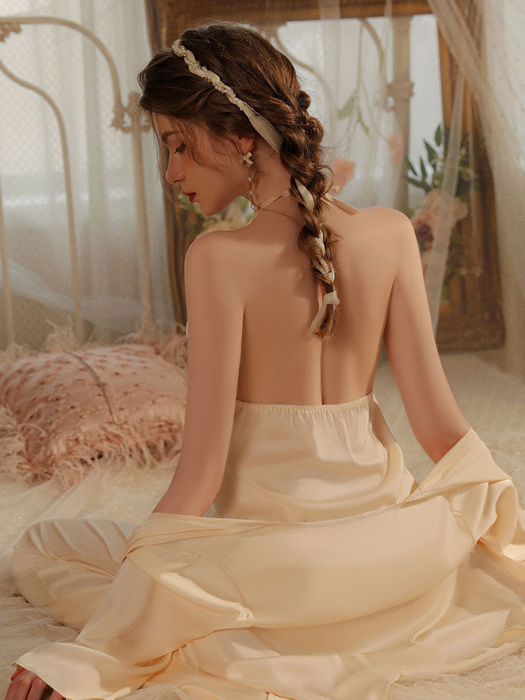 Champagne Color Minimalist Style Sensual Satin Halter Neck Loungewear