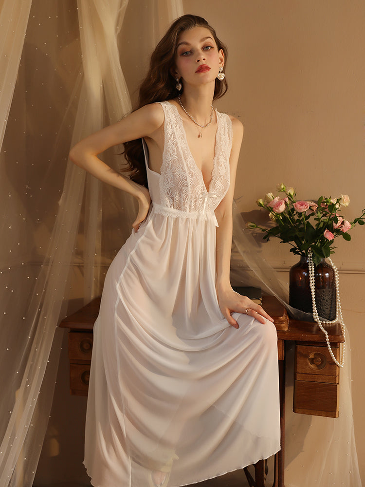Contrast Lace Bow Front Mesh Sexy nightgown Set white color women sleepwear