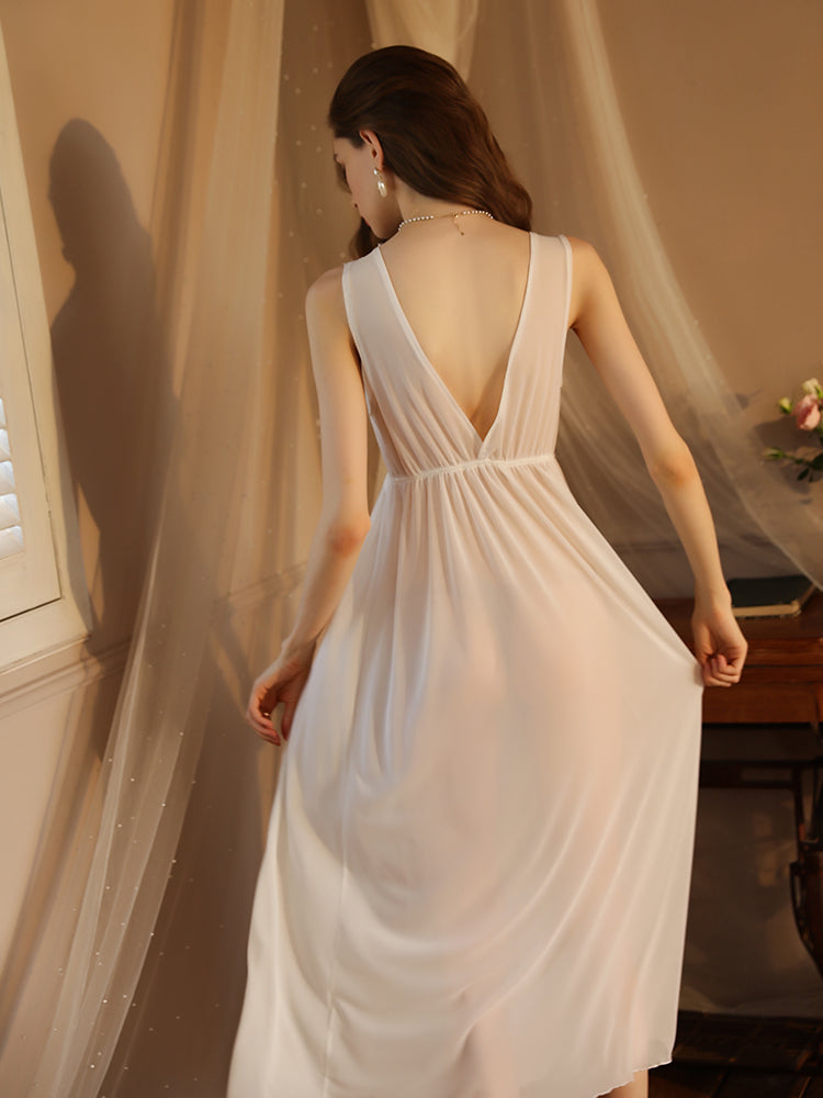Contrast Lace Bow Front Mesh Sexy nightgown Set white color women sleepwear back look