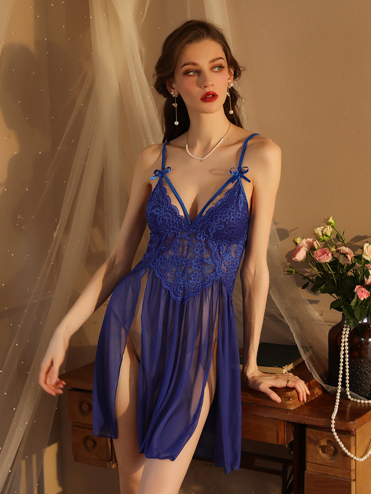 Floral Lace Babydoll Sexy Nightgown Set blue color women sleepwear