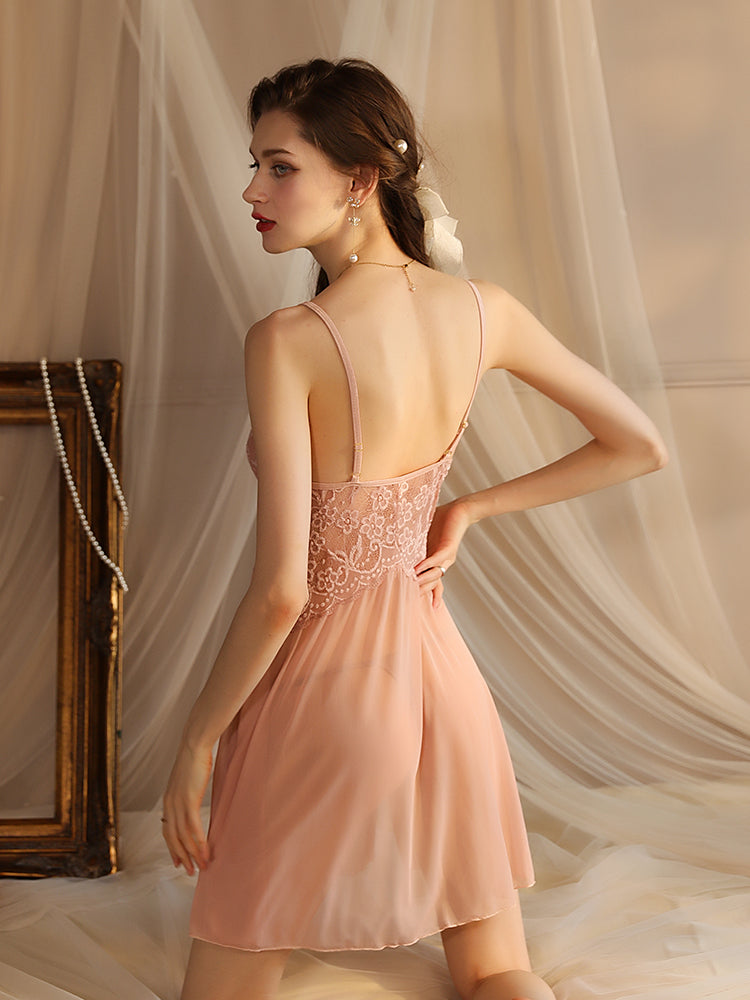 Floral Lace Babydoll Sexy Nightgown Set pink color women sleepwear back look