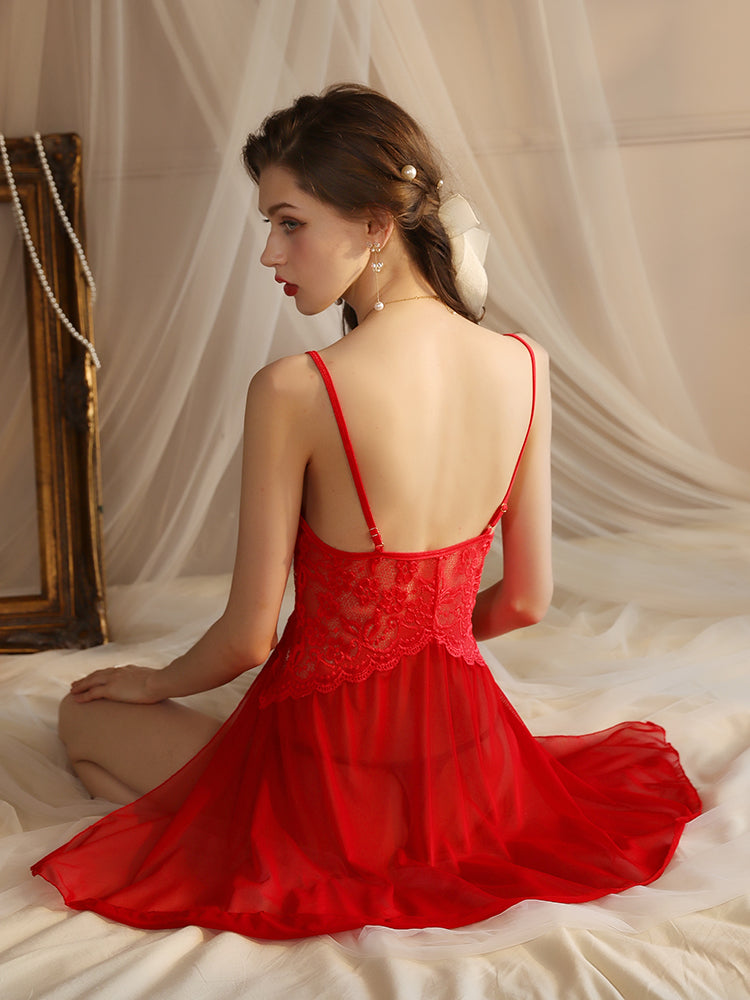 Floral Lace Babydoll Sexy Nightgown Set red color women sleepwear back look