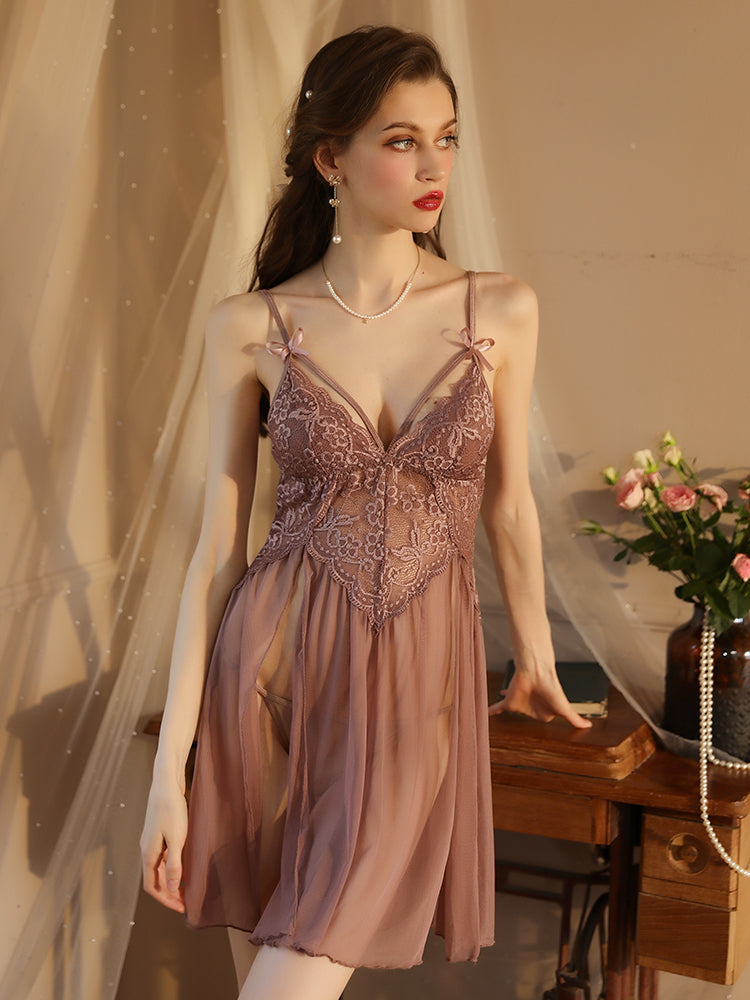 Floral Lace Babydoll Sexy Nightgown Set rose color women sleepwear