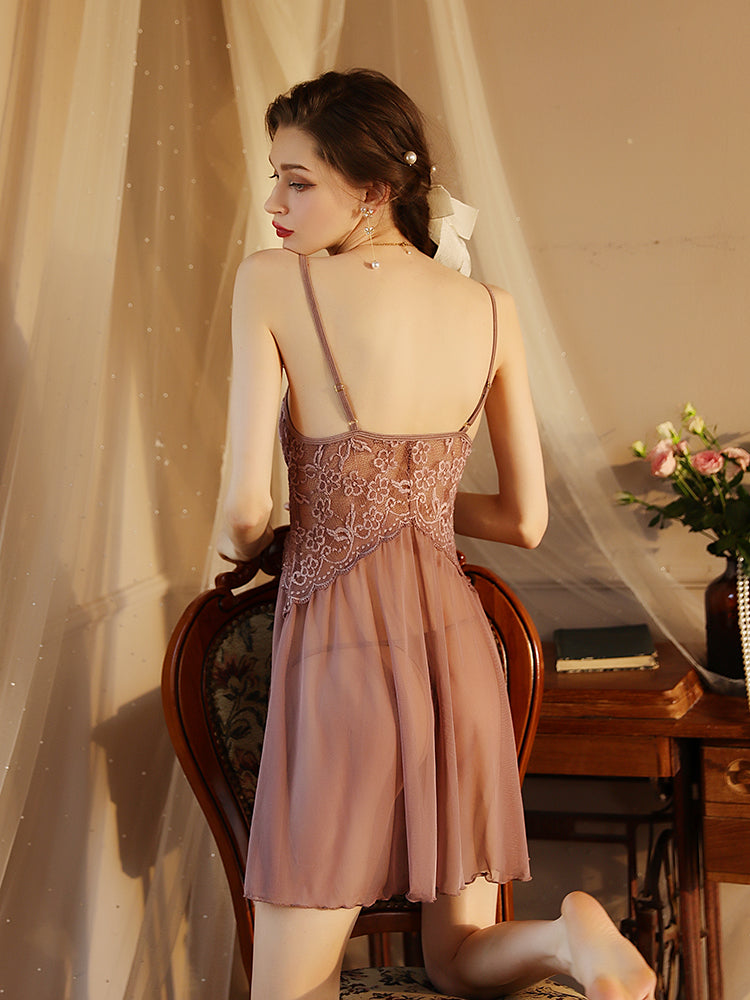 Floral Lace Babydoll Sexy Nightgown Set rose color women sleepwear back look