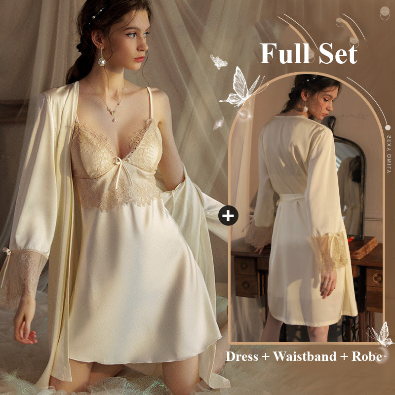 French Romantic Lace Nightgown Robe Set white color robe full set details