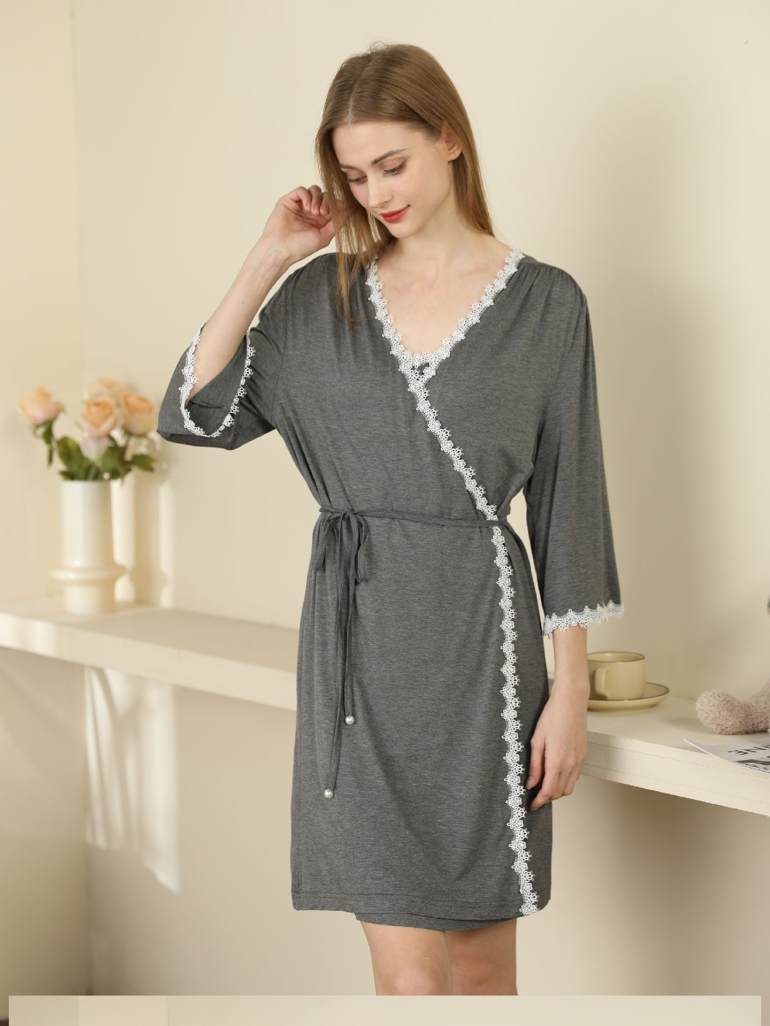 gray color Lace Trim Mid-Sleeve Camisole Cotton Nightgown