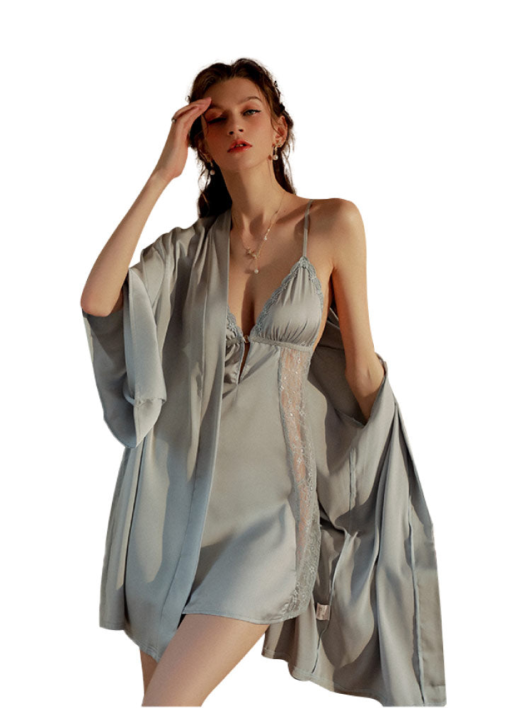 Lace Dress with Cross Front Closure Nightgown Sleepwear blue color robe for women seat