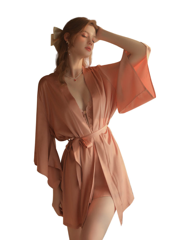 Lace Dress with Cross Front Closure Nightgown Sleepwear pink color robe for women