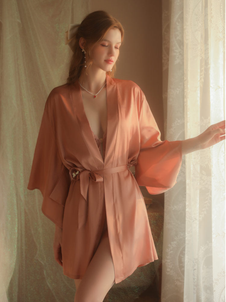 Lace Dress with Cross Front Closure Nightgown Sleepwear pink color robe for women