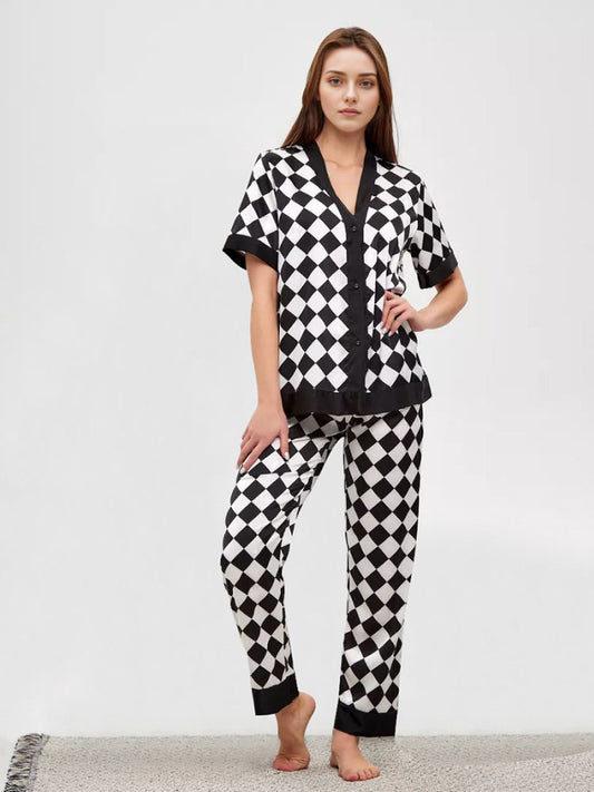 black and white plaid sleepwear pajama set for women