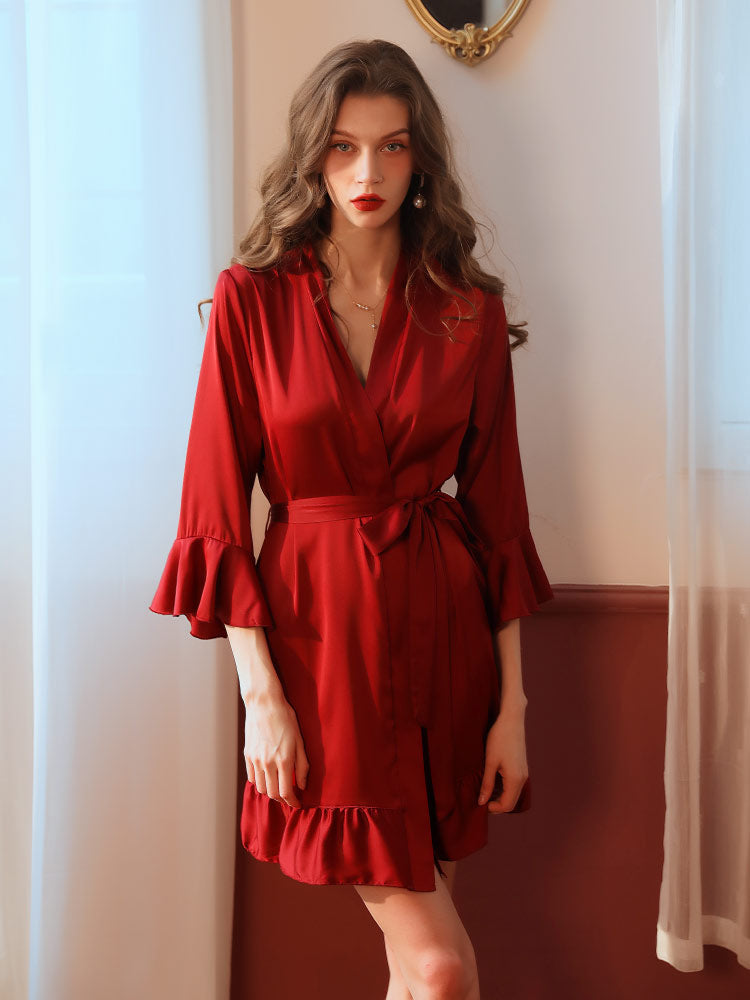 Luxury Soft Satin Nightgown Robe Set red color women sleepwear