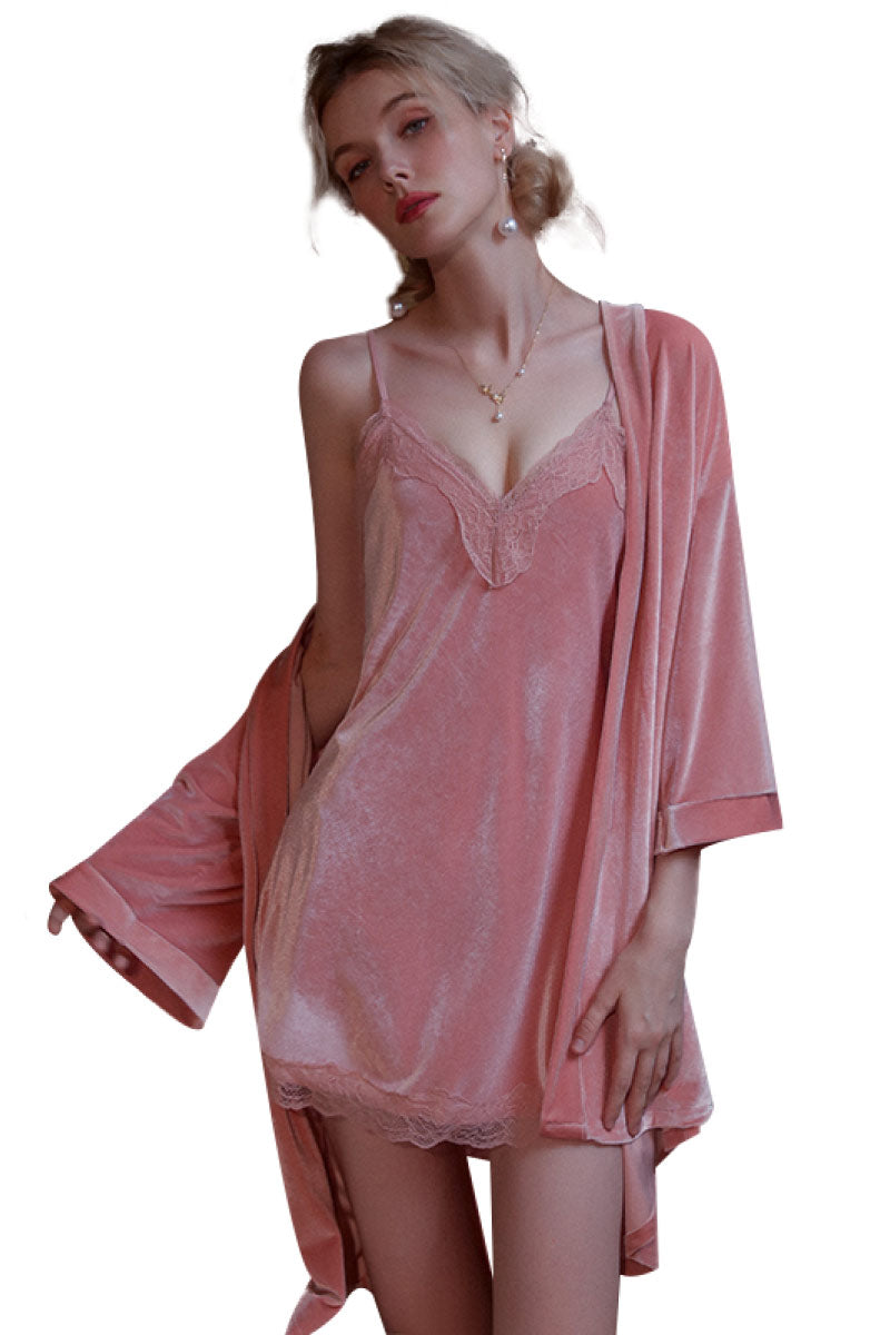 Luxury Satin Lace Nightgown Nightgown pink color robe with white background