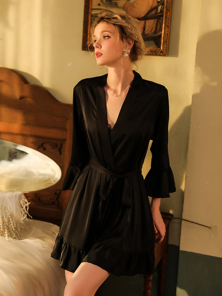 Luxury Soft Satin Nightgown Robe Set black color women sleepwear