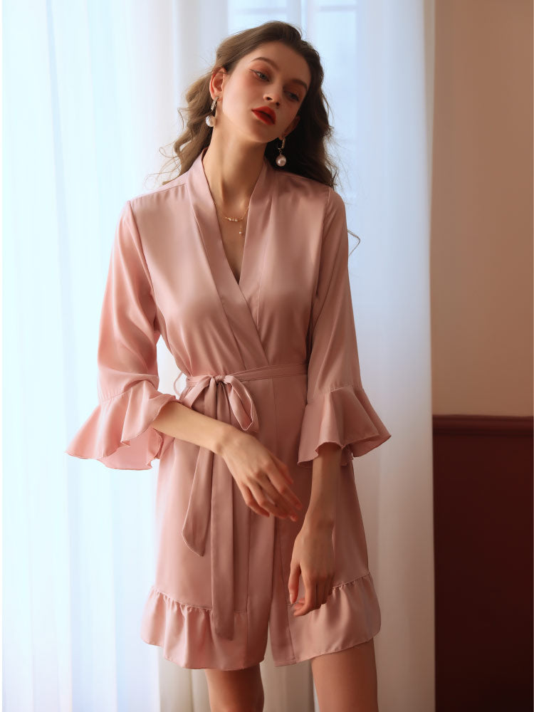 Luxury Soft Satin Nightgown Robe Set pink color women sleepwear