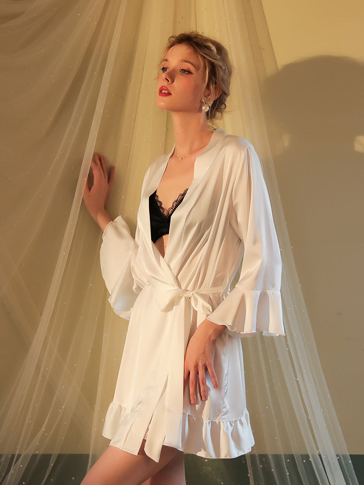 Luxury Soft Satin Nightgown Robe Set white color women sleepwear nightwear