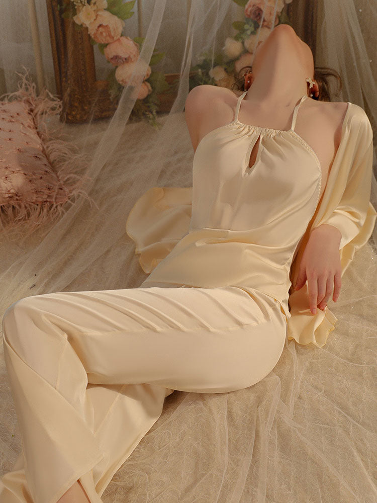 Champagne Color Minimalist Style Sensual Satin Halter Neck Loungewear robe set